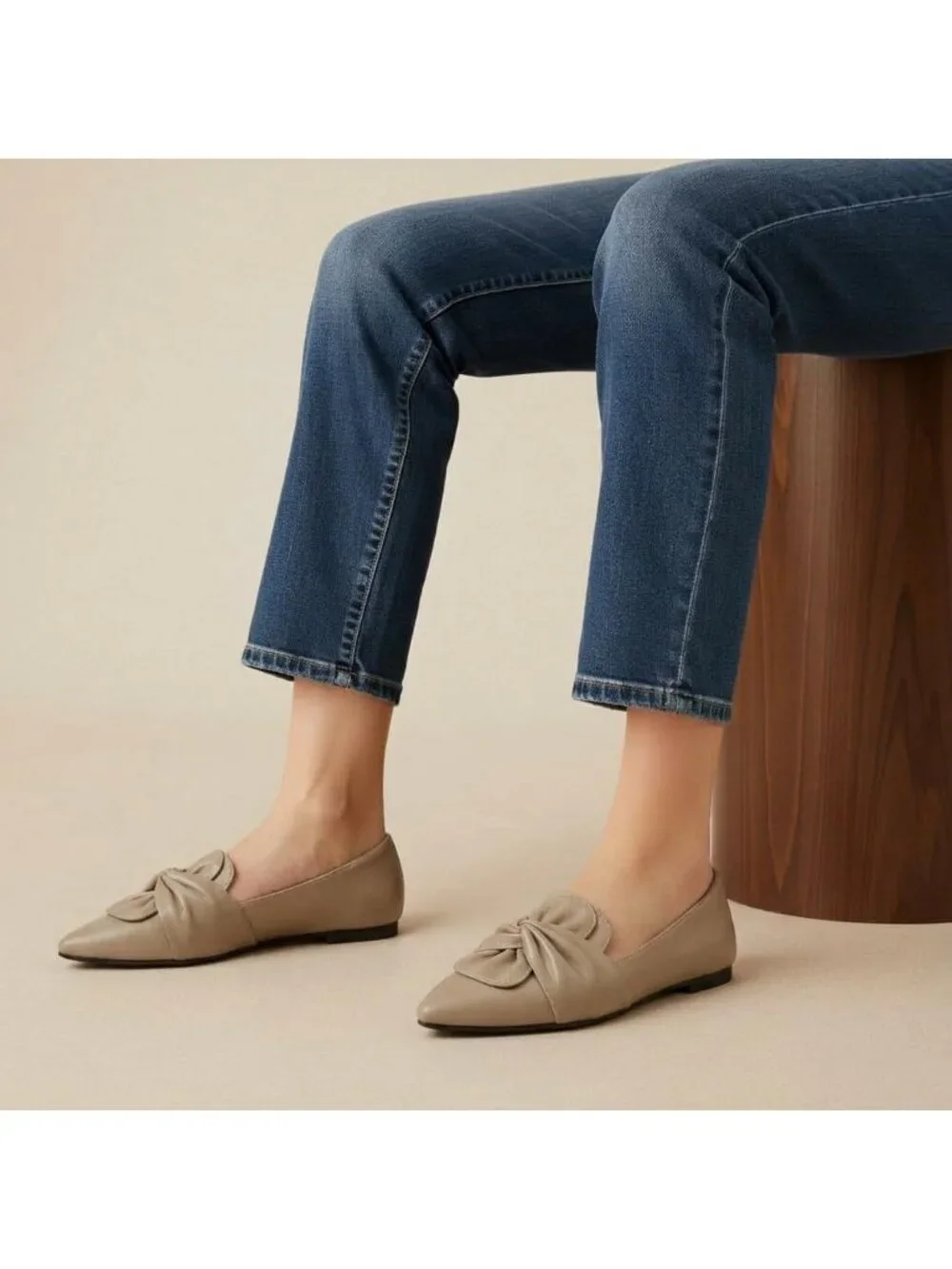 Women's Nude Soft PU Leather Pointed Toe Ballet Flat Non-Slip Rubber Sole Shoes
